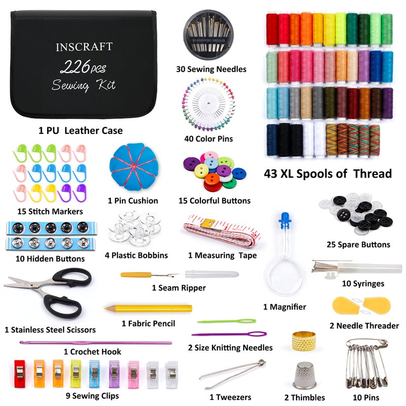 Inscraft Large Sewing KIT, 226 PCS Premium Sewing Supplies with 43 XL Thread Spools, Leather Case, Scissors, Thread, Needles and Accessories, Sewing Set for Adults, Emergency, and Home by Inscraft - Image 2
